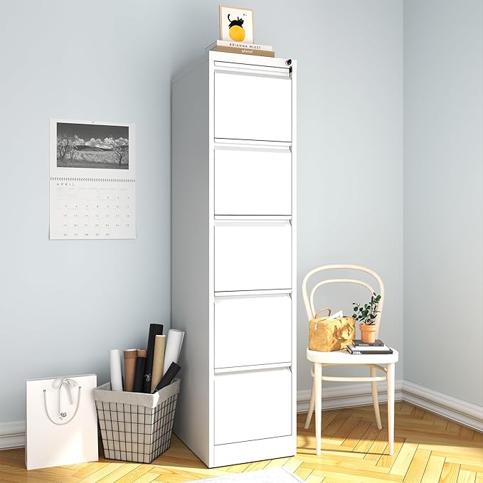 File Cabinet, Vertical File Cabinets with Lock for Home Office,Heavy Duty Office Steel Filing Cabinet for Hanging Letters/Legal/A4, Assembly Required (White, 5 Drawers)