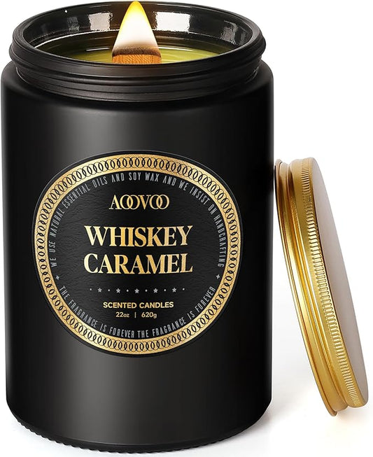 AOOVOO Scented Candles for Men - Large 22oz 120 Hours of Burn Time, Whiskey Caramel Candles for Home Scented | Crackling Wood Wick Soy Candle | Strong Fragranced Black Candle Gift for Women & Men