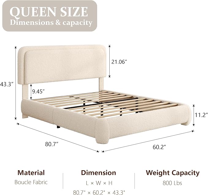 Queen Bed Frame with Headboard Adjustable, Boucle Upholstered Platform Bed Frame Queen Size, Anti-Collision Soft Rounded Corners, No Box Spring Needed, Noise-Free, Easy Assembly, Beige