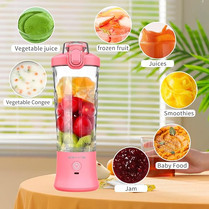 Portable Blender, Personal Blender for Shakes and Smoothies with 20 Oz Travel Cup and Lid, Mini Personal Size Blender with 6 Blades and USB Rechargeable for Gym, Kitchen and Outdoors (Pink)