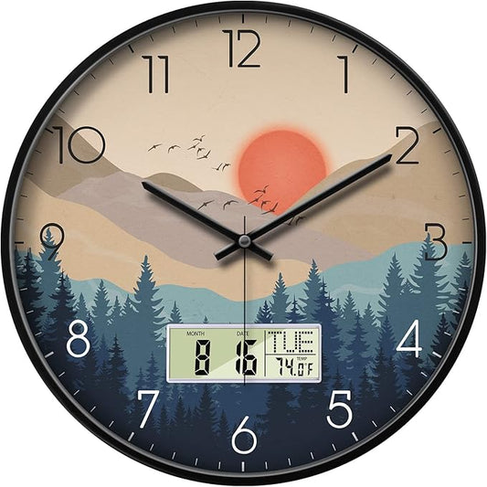 Silent Wall Clock with Day Week Temperature Wilderness with Sunset Non-ticking Battery Operated Large Digital Modern Clocks Display with Calendar and Date for Kitchen Farmhouse Bathroom Office 14 Inch