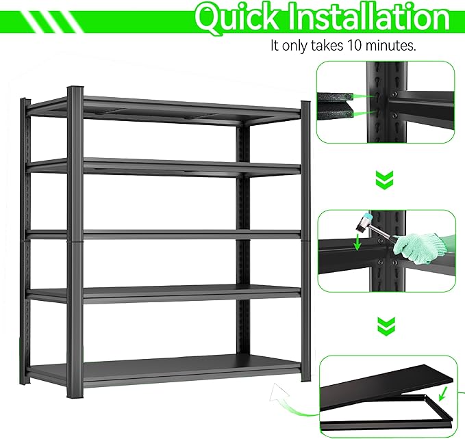 63" H Heavy Duty Garage Shelving Unit – 3000 lbs 5-Tier Adjustable Metal Storage Rack, Tool-Free Assembly, Rustproof Steel Organizer for Basement, Pantry, Warehouse, 45" W × 17.7" D × 63" H