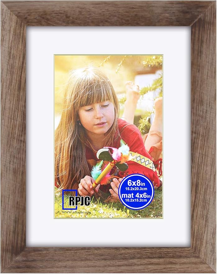 RPJC 6x8 inch Picture Frame Made of Solid Wood and High Definition Glass Display Pictures 4x6 with Mat or 6x8 Without Mat for Wall Mounting Photo Frame Carbonized