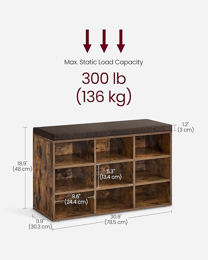 VASAGLE CUSTOS Collection - Shoe Bench, Storage Bench with Padded Seat, Entryway Bench with 9 Compartments, for Bedroom, 11.9 x 30.9 x 18.9 Inches, Rustic Brown and Chestnut Brown ULHS009B01