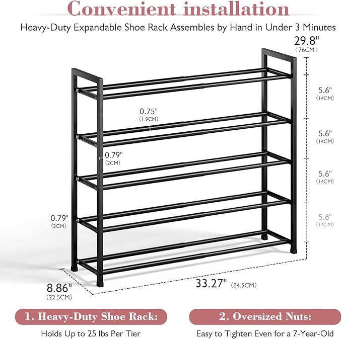 Bumusty 5-Tier Expandable Shoe Rack for Closet, 18“-33” Adjustable Shoe Rack for Small Space, Small Shoe Organizer for Front Door, Sturdy Metal (Black)