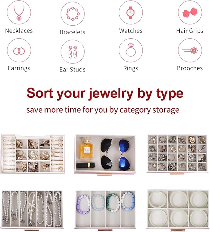 BOOVO Jewelry Boxes for Women, White and Black 6 Layer Large Jewelry Box for Necklace, Bracelet, Earrings, Rings Storage, Jewelry holder Organizer for Girls Gift (Rose gold, 6 layer)