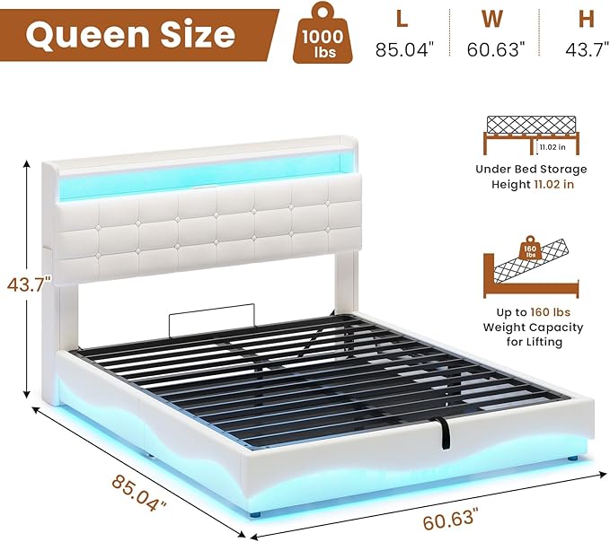 ADORNEVE Lift Up Storage Queen Bed Frame with LED Lights, Hidden Storage Headboard and Charging Station, Upholstered Platform Bed, LED Bed with Hydraulic, No Box Spring Needed, Creamy White