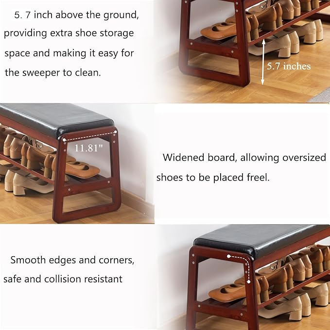 Solid Wood Shoe Bench, 2-Tier Wooden Entryway Bench, Modern Shoe Rack with Faux Leather Cushion for Hallway, Living Room (Black, 31.5'')