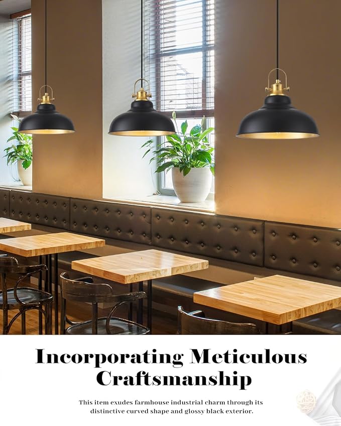 Black and Gold Pendant Light, 11.41 Inch Industrial Pendant Light Kitchen Island, Farmhouse Pendant Lights 2 Packs, Island Pendant Lights for Kitchen, Dining Room, Living Room