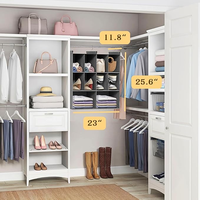 Ofiray-home 3 Tier Hanging Closet Organizer, 10 Compartments Sweater Organizer for Closet with 3 Sturdy Hooks, Closet Organizers and Storage, Wardrobe, Rv, Garment Rack, Grey