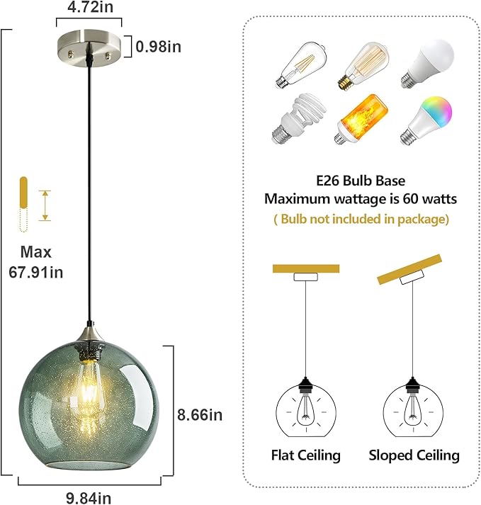 Gray Green Glass Pendant Lights Kitchen Island Lighting Globe Pendant Light Fixtures Modern Pendant Lighting for Kitchen Island Bedroom Living Dining Room Light Fixture(9.84in, 3-Pack)