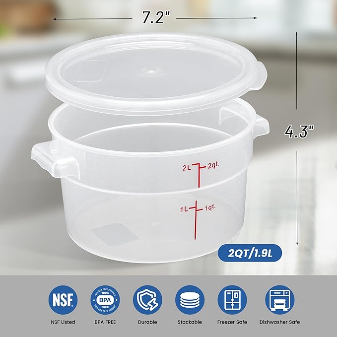 4 Pack 2QT Round Food Storage Containers with Lids, BPA-Free Polypropylene NSF Commercial Food Container, with Labels & Measuring Cup