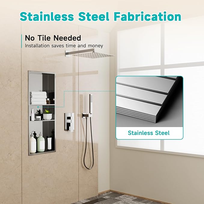 Stainless Steel Shower Niche 12" x 30" – Recessed Wall Niche with 3-Tier Storage, Waterproof & Rustproof Modern Bathroom Shower Shelf (Brushed Nickel)