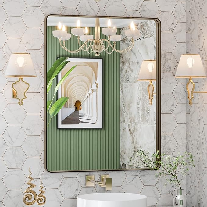LOAAO 28”X36” Bronze Bathroom Mirrors for Vanity, Rounded Rectangle Brushed Bronze Metal Frame Mirror, Anti-Rust, Hangs Horizontally or Vertically