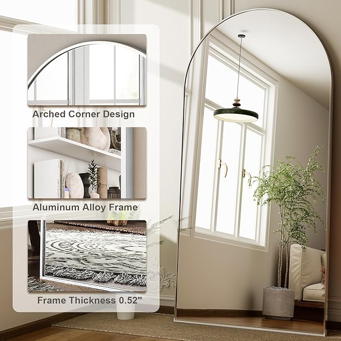 HARRITPURE 76"x34" Silver Full Length Mirror Arch Floor Mirrors with Aluminum Alloy Frame Free-Standing Wall Mounted or Leaning Large Bedroom Dressing Mirror Modern & Contemporary Decor for Home