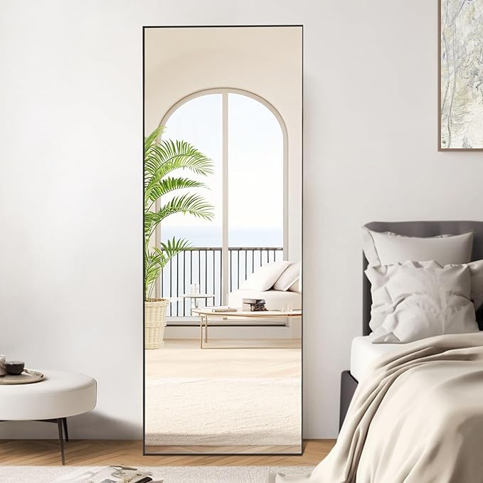 OLIXIS Full Length Mirror 64"x 21" for Bedroom, Full Body Mirror with Stand, Hanging or Leaning for Wall, Aluminum Alloy Thin Frame Floor Standing for Living Room, Long, Black