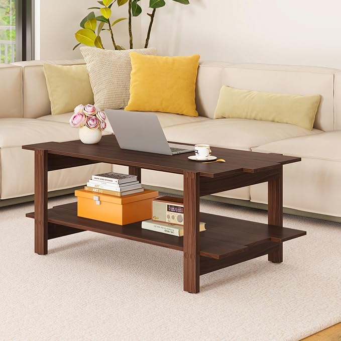Giantex Coffee Table with Storage, 45 Inch Modern Center Table with Slatted Design & Side Rail Support, Rectangular Living Room Table for Small Spaces, Walnut