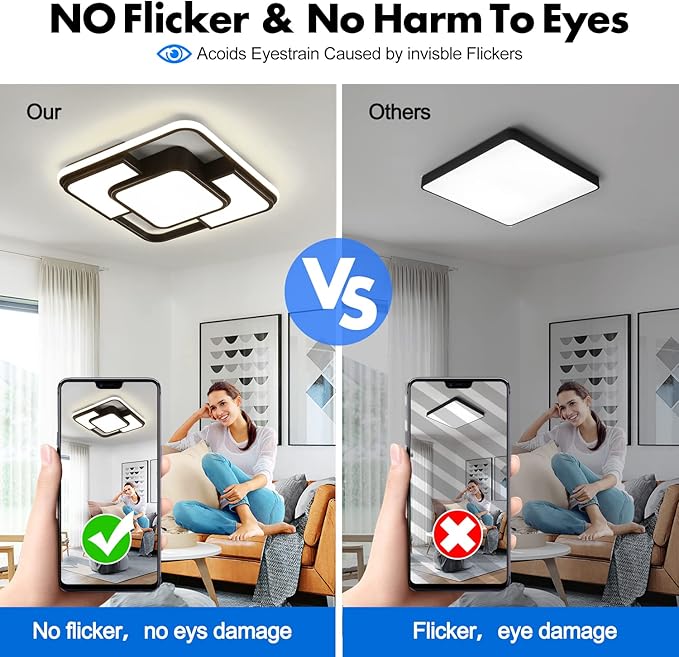 62W Dimmable LED Flush Mount Ceiling Light Fixture with Remote Control, 3000K-6500K 3-Color Chandelier Modern Lamp Black, 15.74inch Close to Ceiling Dining Room Bedroom Square Kitchen Lights