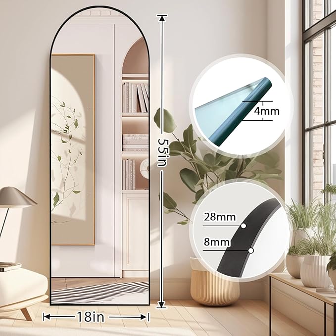 Arched Full Body Mirror, 55''x 18'' With Black Aluminum Alloy Frame, Floor Not Fragile Tempered Glass Leaning Against Wall for Living Room, Women Dressing Clothes