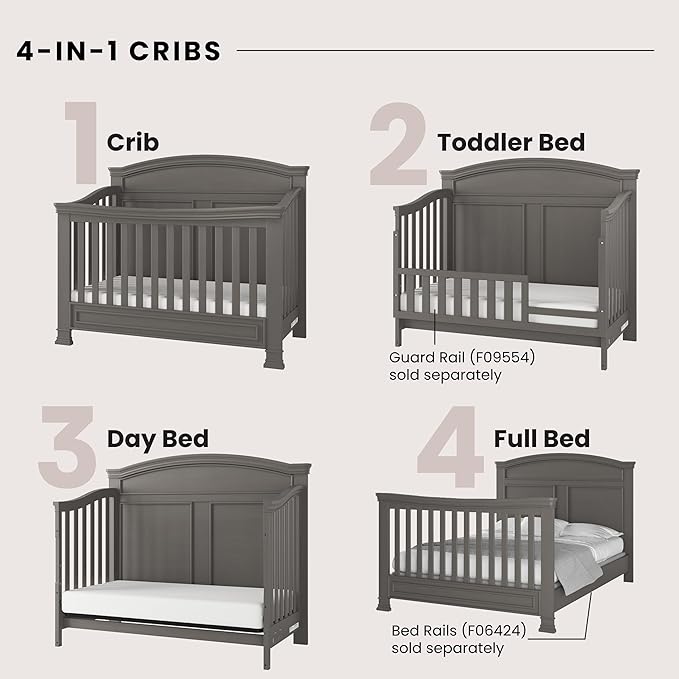 Child Craft Legacy Westgate 4-in-1 Convertible Crib, Baby Crib Converts to Day Bed, Toddler Bed and Full Size Bed, 3 Adjustable Mattress Positions, Baby Safe Finish (Chelsea Gray)