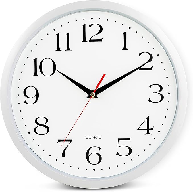 Bernhard Products White Wall Clock Silent Non Ticking, 12 Inch Quality Quartz Battery Operated Round Easy to Read Home/Office/Kitchen/Classroom/School Sweep Clock, Black Hands