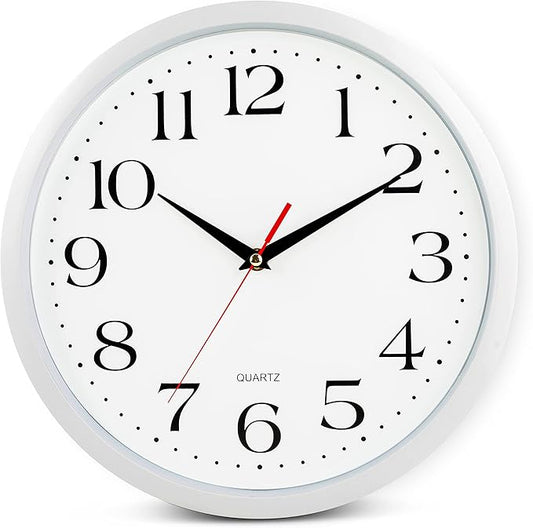Bernhard Products White Wall Clock Silent Non Ticking, 12 Inch Quality Quartz Battery Operated Round Easy to Read Home/Office/Kitchen/Classroom/School Sweep Clock, Black Hands