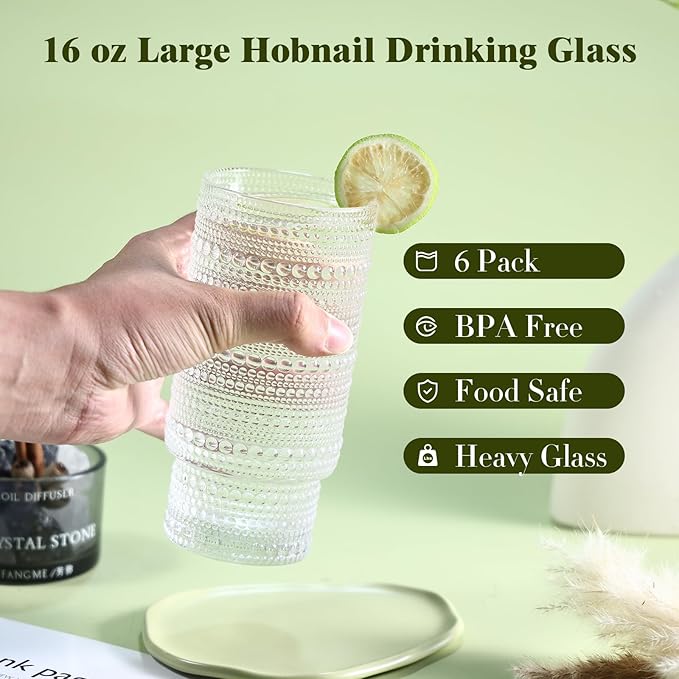 6pcs Hobnail Drinking Glasses Set, 16 oz Vintage Glassware Drinking Glasses, Clear Water Glasses Tumbler, Cups for Kitchen, Juice, Beer, Cocktail, Whiskey