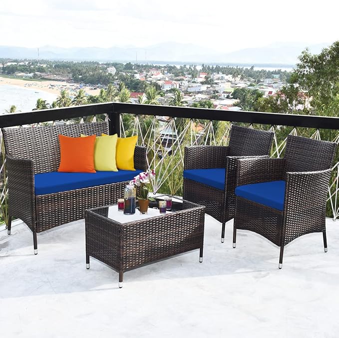Tangkula 8 PCS Patio Rattan Conversation Set, Outdoor Wicker Furniture Set with Tempered Glass Coffee Table &Thick Cushion, Rattan Chair Wicker Set for Garden, Lawn, Poolside and Backyard (2, Navy)