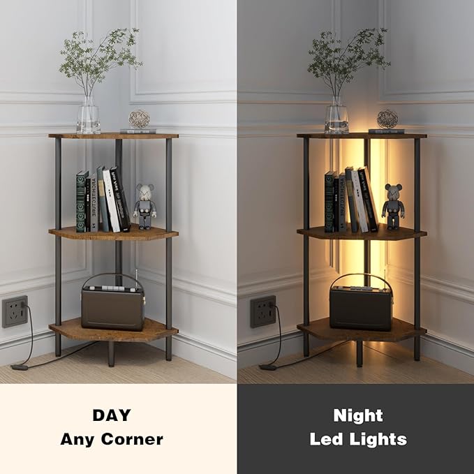 3 Tier Corner Shelf with LED Light,Bookcase for Small Spaces,Display Shelf,Narrow Bookshelf,Plant Stand,Rustic Brown and Black,Suitable for Bedroom,Living Room,Kitchen