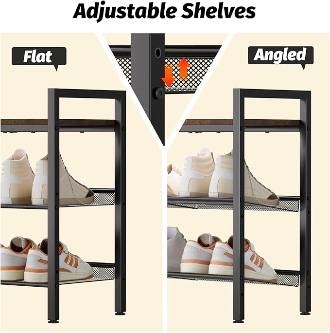Shoe Rack for Front Door Entrance, 3 Tier Shoe Rack for Entryway, Shoe Shelf for Closet, Metal Shoe Rack Organizer with Sturdy Wooden Top & Steel Frame,(Black+Rustic Brown)