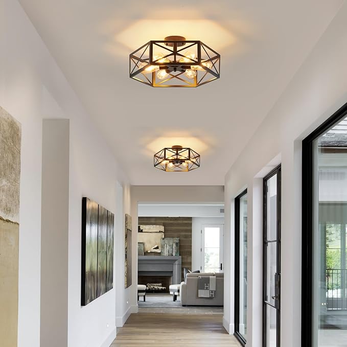 Industrial Semi Flush Mount Ceiling Light, 6 Light Modern Metal Close to Ceiling Light Fixture, Farmhouse Light Fixtures Ceiling Mount, Black Chandelier for Kitchen, Dining Room, Hallway