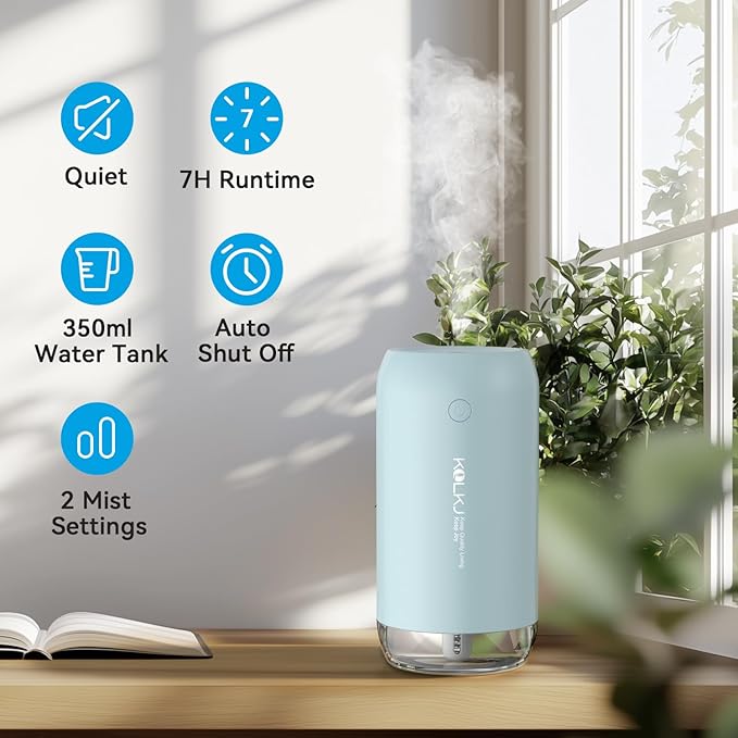 Portable Mini Humidifier, Small Cool Mist Humidifiers 350ml Quiet USB Personal Desktop Air Humidifier for Bedroom Home Plants Car Baby indoor Office with 2 Mist Modes & Auto Shut-off（Blue）