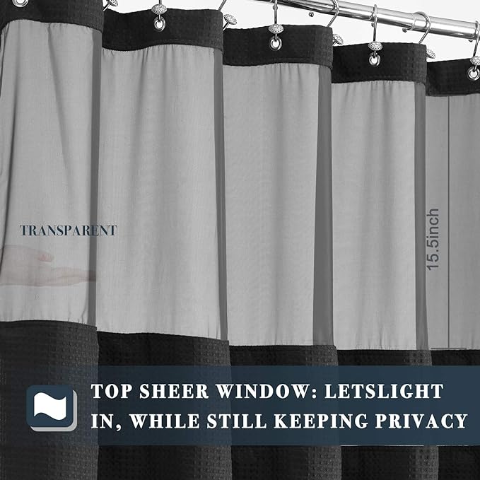 N&Y HOME Waffle Weave Shower Curtain with Snap-in Fabric Liner & 12 Black Hooks Set - Hotel Style, Water-Repellent & Washable, Mesh Top Window - 71x72, Black