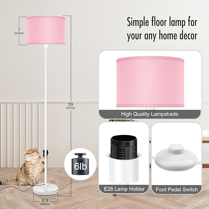 Floor Lamps, Standing Lamp, 58" Tall Floor Lamp with Pink Lampshade, Foot Pedal Switch, Modern Bright Floor Lamps for Living Room/Bedroom/Classroom/Kids Room, Pink Light for Girls' Gift(NO Bulb)