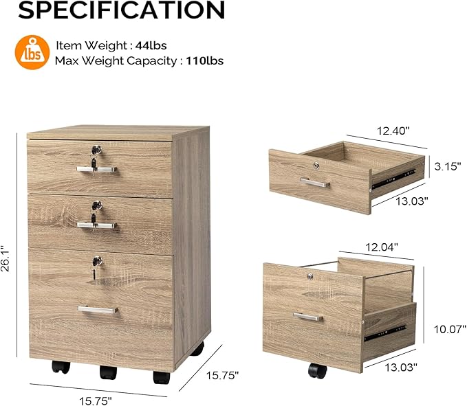 VINGLI 3-Drawer File Cabinet with Lock, Wood Rolling Filing Cabinets for Home Office, Mobile Printer Stand, Under Desk File Organizer for Letter Sized Files, 26" H(Caster Included), Oak
