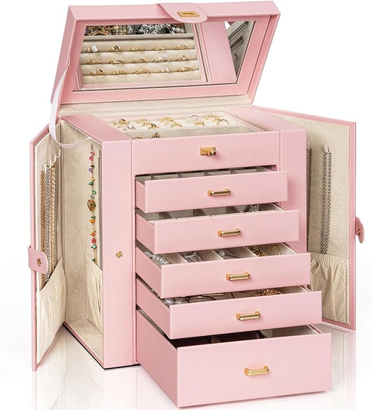 AKOZLIN 6-Tier Jewelry Box Organizer Functional Leather Jewelry Storage Case for Women Girls Ring Necklace Earring Bracelet Holder Organizer with Mirror