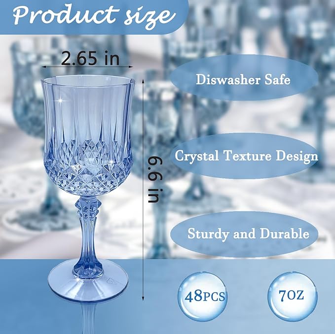 Blue Plastic Wine Glasses，Plastic Goblets for Parties，Drinking Glasses for Wedding Reception, Grand Event Party Supplies (48, Blue)