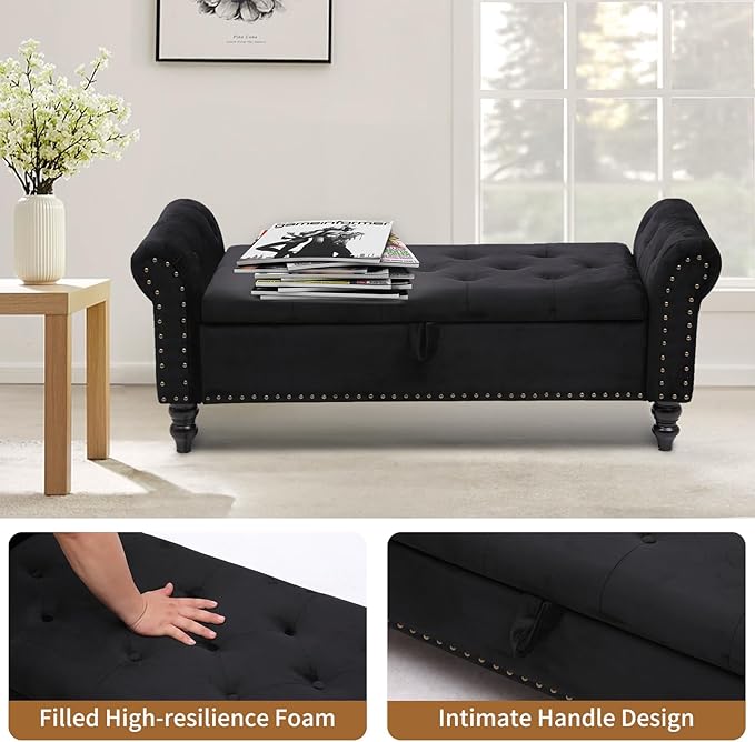 Storage Ottoman Bench with Arms, Velvet End of Bed Bench for Bedroom, Button Tufted Storage Bench for Entryway, Living Room,Hallway, Large Storage Bench Foot Rest (New Black)