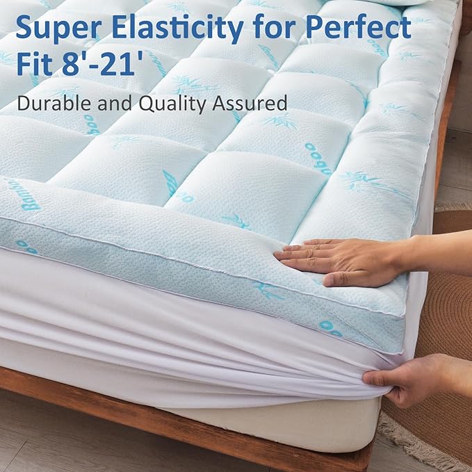 Favorland Mattress Topper Full Size - Cooling Extra Thick Breathable Viscose Made from Bamboo Mattress pad - Soft Quilted Fitted Mattress Cover with 900 GSM Down Alternative Fill (8-21”Deep Pocket)