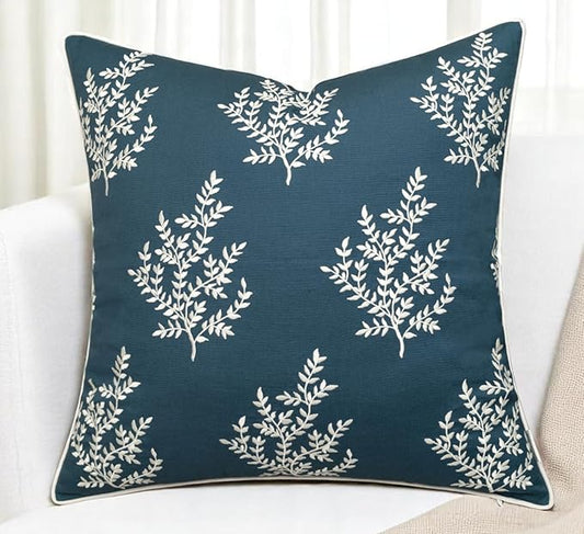VAGMINE Embroidered Leaves Throw Pillow Cover - 20x20 Inches Square - 100% Cotton Teal Decorative Cushion Cover - Luxurious Embroidery Pattern - Vibrant Boho Accent for Sofa, Bed, Chair, Living Room