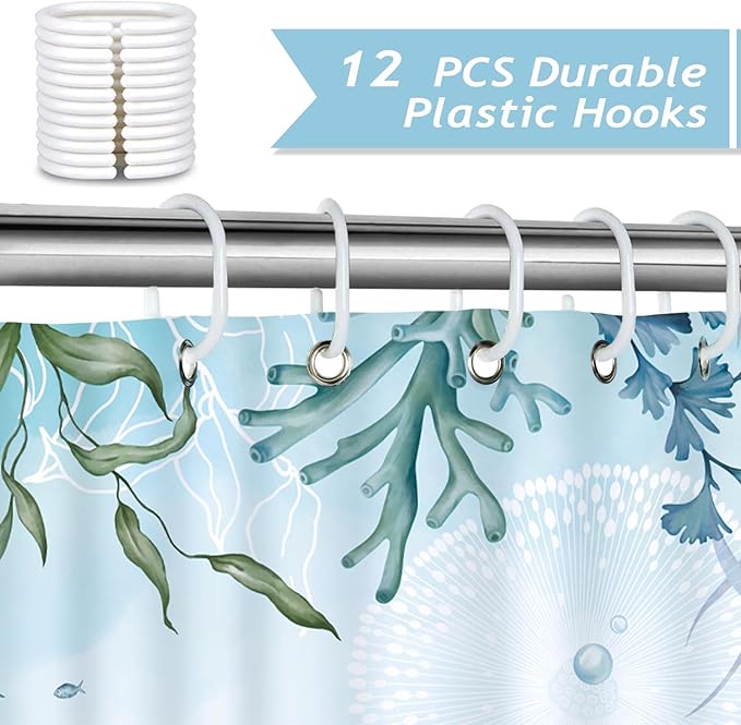 Bonhause Jellyfish Shower Curtain, Teal Blue Ocean Turtle Coastal Beach Bathroom Curtain 72x72 Inch Polyester Fabric Waterproof Bath Curtain with 12 Hooks