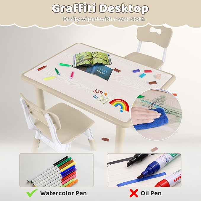 Kids Table and 4 Chairs Set, Height Adjustable (17.7"-26.1") Toddler Table and Chair Set, Multi-Activity Table with Graffiti Desktop, Children’s Table and Chairs for Classroom, Home & Daycare