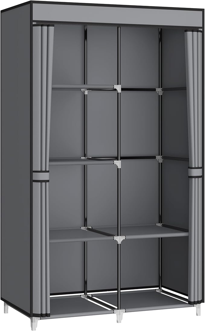 35 Inch Portable Wardrobe Closet for Small Room, Clothing Organizer Storage Rack with Non-Woven Fabric Cover, 1 Clothes Hanging Rod, 6 Storage Shelves, Grey