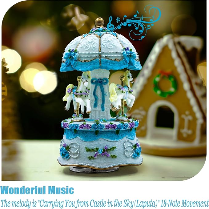 Carousel Music Box，Luxury Color Change LED Light Music Box,Luminous Rotating 3-Horse Musical Box with Gift Box for Girls Birthday Valentine Gift (Castle in The Sky, Blue)