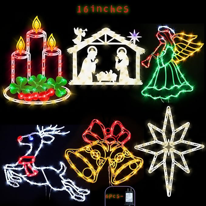 16” Christmas Window Silhouette Lights - 6 Pack Colour Lighted Reindeer ＆ Bethlehem Star ＆ Nativity ＆ Candle ＆ Angel ＆ Bell for Holiday Indoor and Outdoor Wall Door Window Decorate