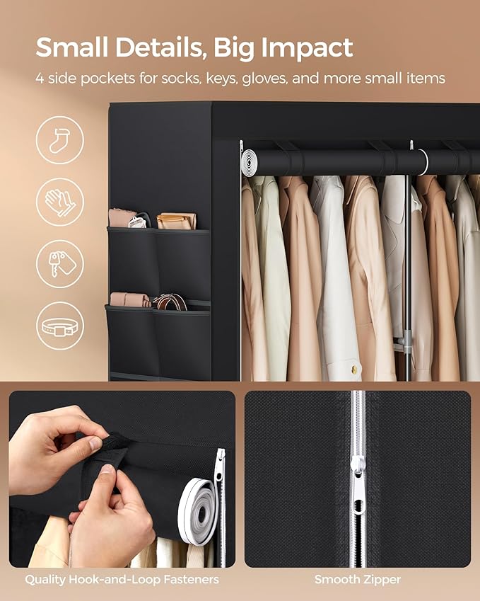 SONGMICS Portable Closet Wardrobe with Shoe Rack and Cover, Closet Storage Organizer, 2 Hanging Rods, Shelves, and 4 Side Pockets, 50 x 17.7 x 69.3 Inches, Spacious for Bedroom, Black URYG008B02