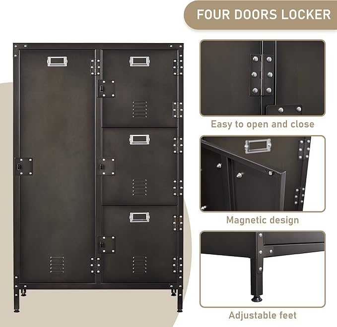 Metal Storage Cabinet, Storage Locker Employees Locker with 4 Doors, 55" Height Steel Cabinet with Lockable Doors, Storage Cabinet with Adjustable Feet for Home Office Gym.