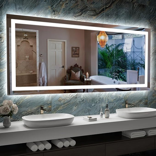 LED Mirror for Bathroom, 72x32 Inch Backlit + Front Lighted Bathroom Vanity Mirror with Lights, Double Light Strips, 3 Colors, Shatter-Proof, Anti-Fog and Brightness Memory