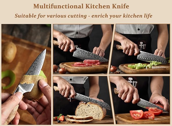 HEZHEN 7PCS Kitchen Knives Set - Professional Forging Damascus High Carbon Steel Chef Knife, Santoku, Bread, Utility, Fruit Knives & Multifunctional Kitchen Scissors - 6Slot Black Walnut Block