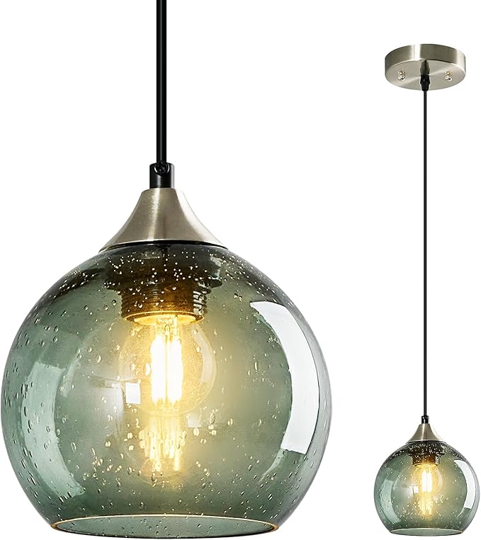 Gray Green Glass Pendant Lights Kitchen Island Lighting Globe Pendant Light Fixtures Modern Pendant Lighting for Kitchen Island Bedroom Living Dining Room Light Fixture(5.9in, 1-Pack)